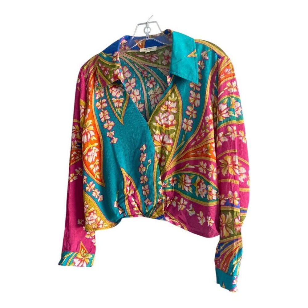 Vtg 90s Y2K Scarf Print Faux Wrap Rayon Crop Blouse Sz S Pink Turquoise Floral